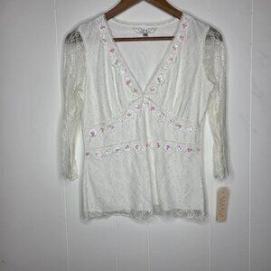 Studio Womens White Floral Lace Sequin Babydoll Top Size M Petite Fairy Core
